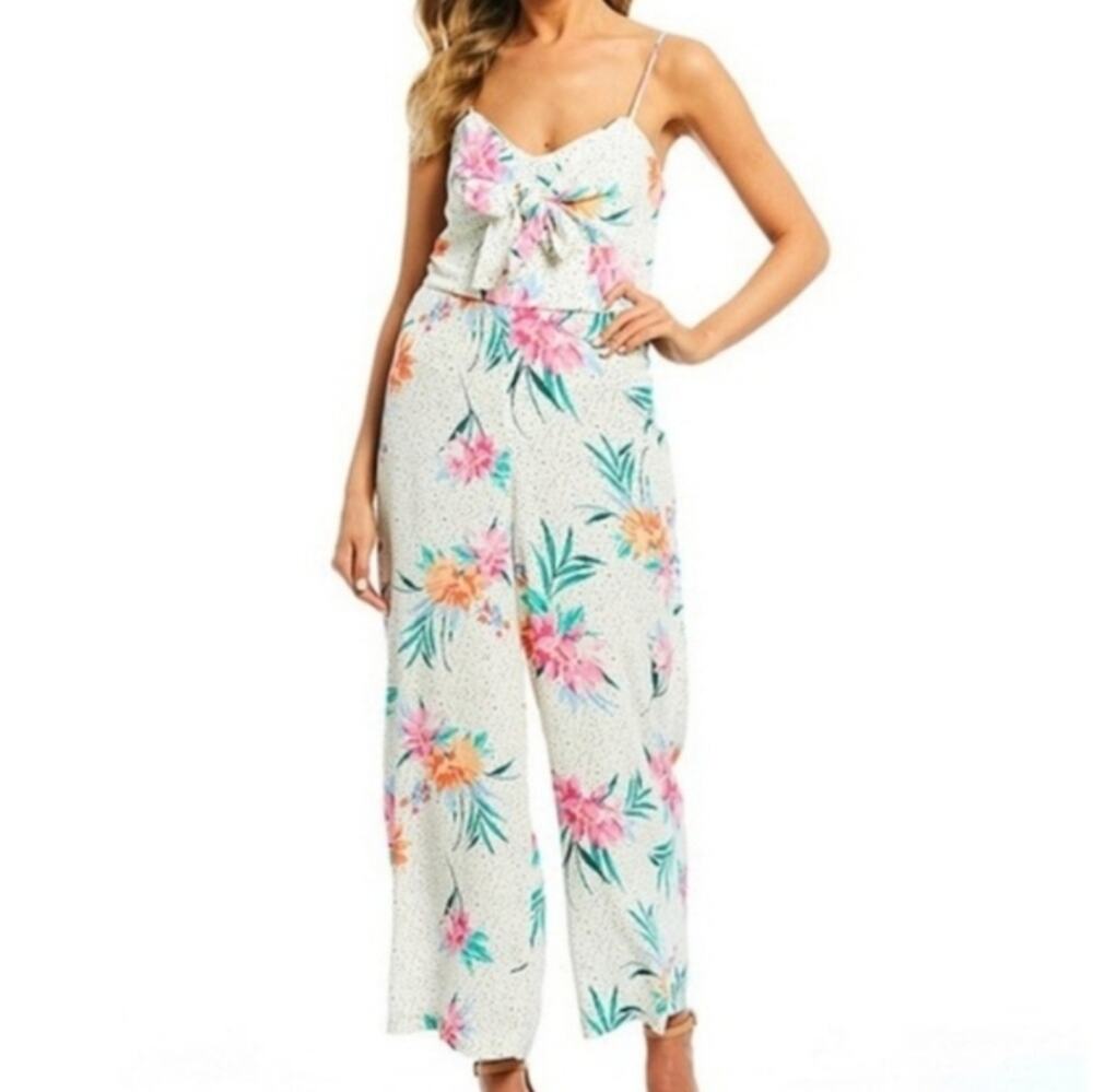 NWT Gianni Bini Tropical Floral Polka Dot Wide Leg Jumpsuit White Medium V-Neck